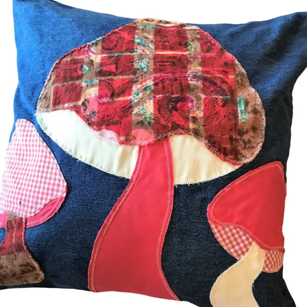 Mushroom Pillow Cover, Handmade 18 x 18 Whimsical Cottagecore Recycled Denim